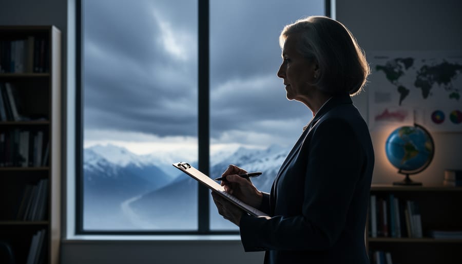 A climate scientist holding a clipboard in an office, with a window showing stormy skies and distant snow-covered mountains suggesting climate uncertainty.