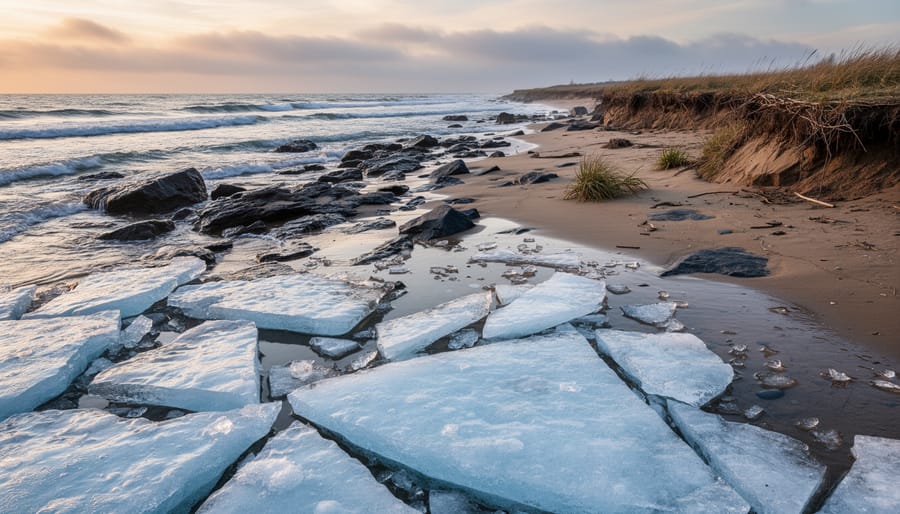 Close-up of sea ice breaking near dark rocks with waves under a bright sky