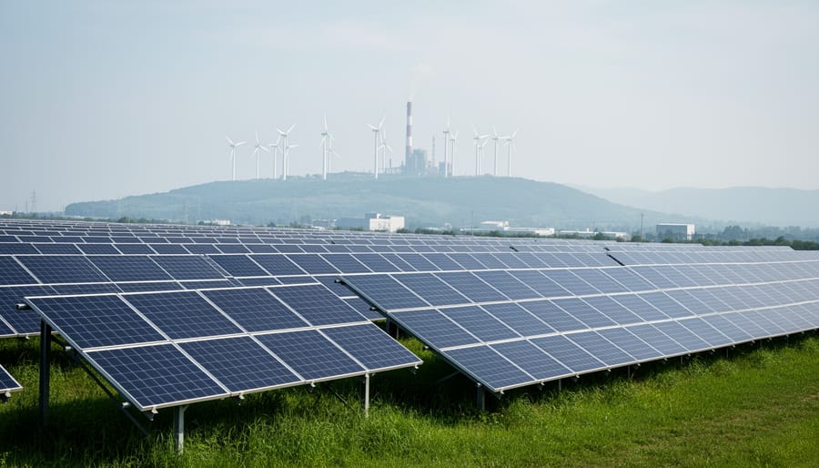 Solar panels and wind turbines under soft daylight representing climate mitigation and cleaner energy generation.