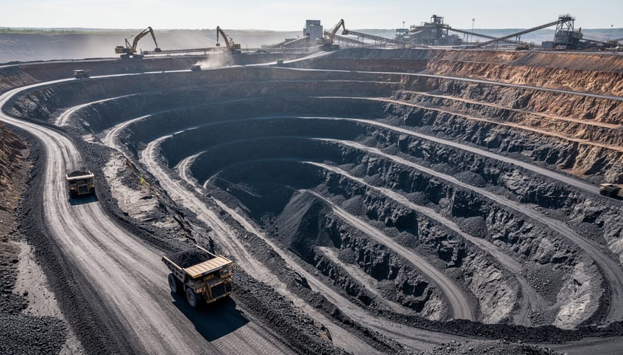 Open-pit coal mine with excavators and exposed dark rock under early morning light