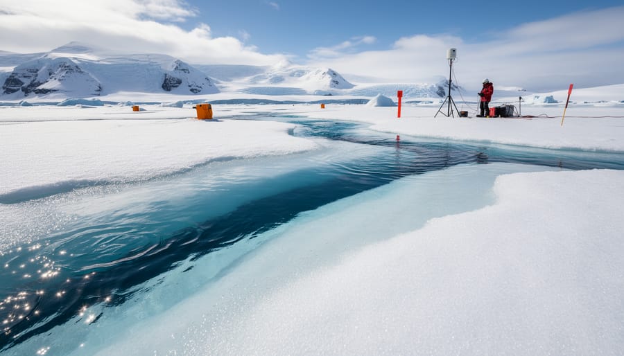 Polar ice and meltwater channels with drifting ice fragments in cold lighting