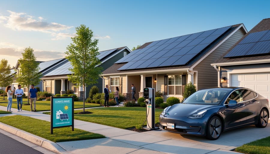 Solar panels installed on a home rooftop under golden hour light