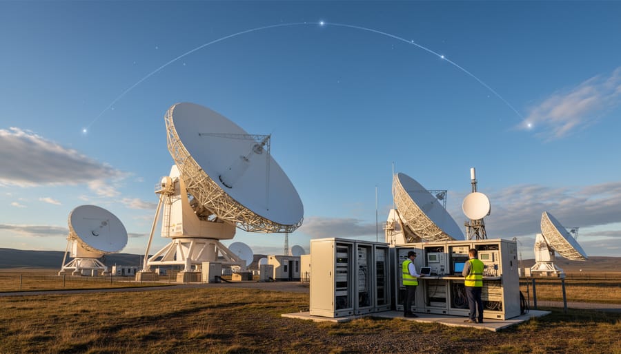 Satellite ground-receiver dish facility with technical equipment cabinets