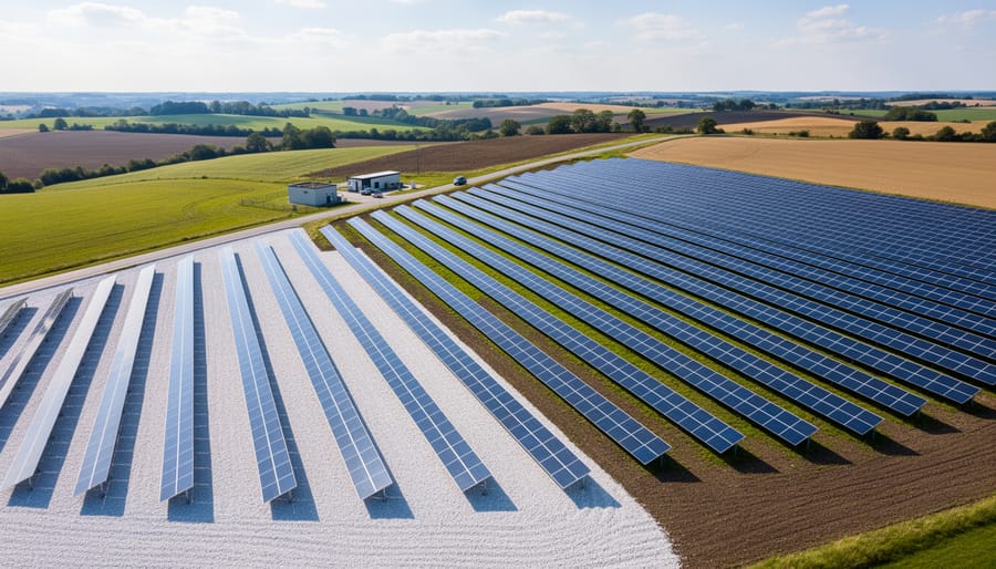 Wide shot of a solar farm with photovoltaic panels under bright daylight.