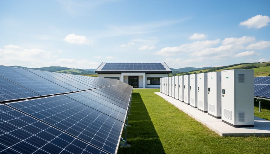 Solar panels and energy storage battery system on a modern residential rooftop