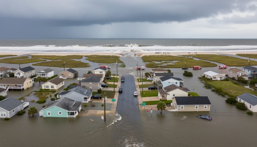Stormy waves and heavy clouds along a low-lying island coast near simple shoreline housing.