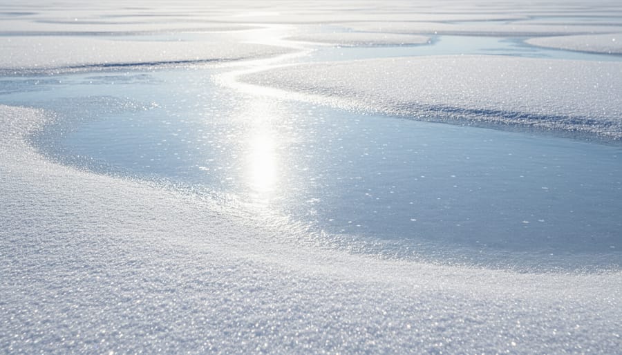 Close-up of sunlit snow and ice crystals on the ground.
