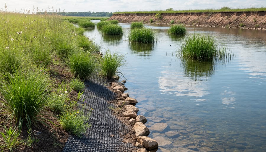 Stabilized coastal wetland shoreline with native grasses and erosion-control mats