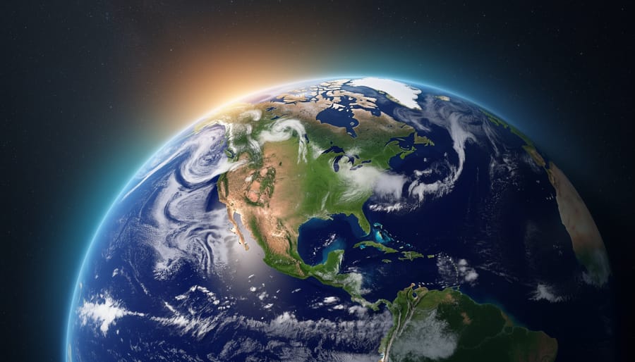 Earth from near-orbit with a subtly glowing atmosphere on the sunlit side, suggesting heat trapping from greenhouse gases.