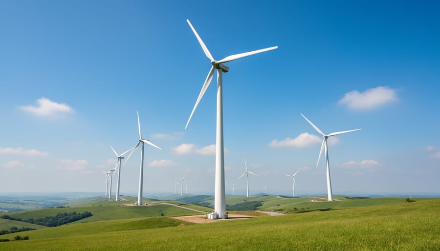 Wind turbines standing over a grassy field under golden hour sunlight