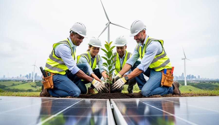 Energy professionals planting a small tree near solar panels and a wind turbine under bright overcast daylight, representing World Environment Day action for sustainability.