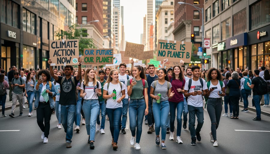 Young people participate in a climate action march in a city street