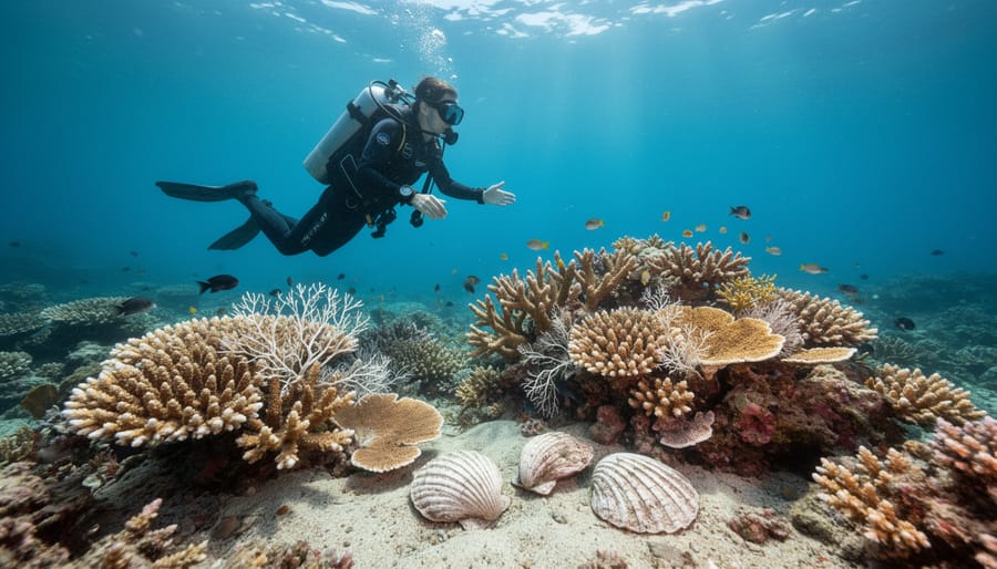 A diver in the ocean observes a coral reef with visible shells and coral heads