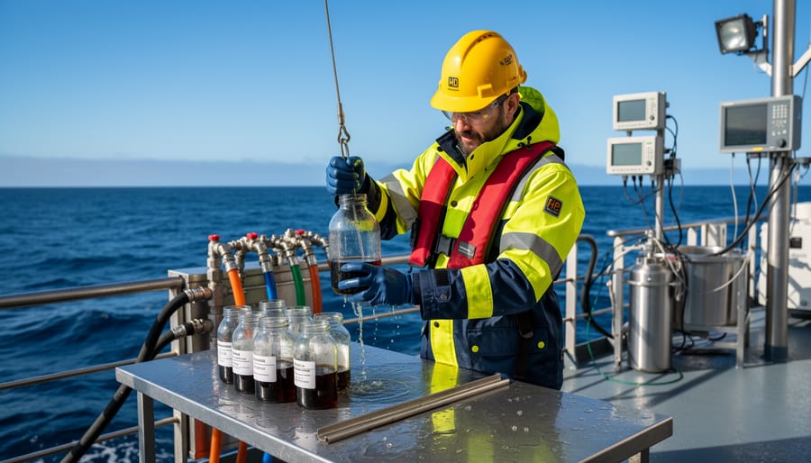 A marine scientist holding seawater sampling equipment on a research vessel deck