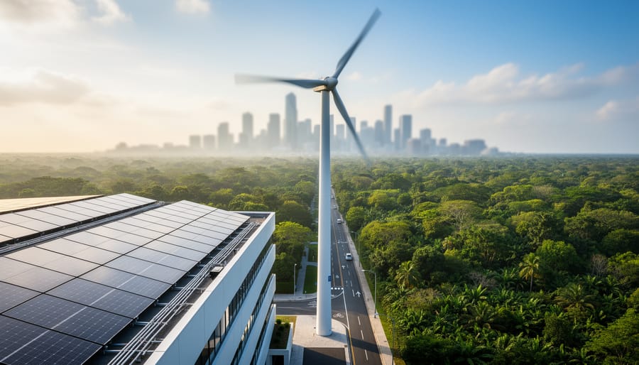 Rooftop solar panels and a distant wind turbine beside lush green trees, showing how climate mitigation strategies can reduce emissions and enhance carbon sinks.