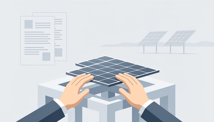 Close-up of hands connecting a cable on rooftop solar equipment with blurred solar panels in the background.