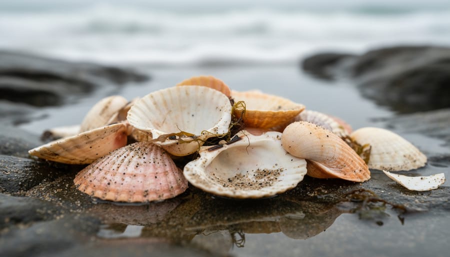Close-up of oyster shell and mussels on a rocky shoreline in coastal water