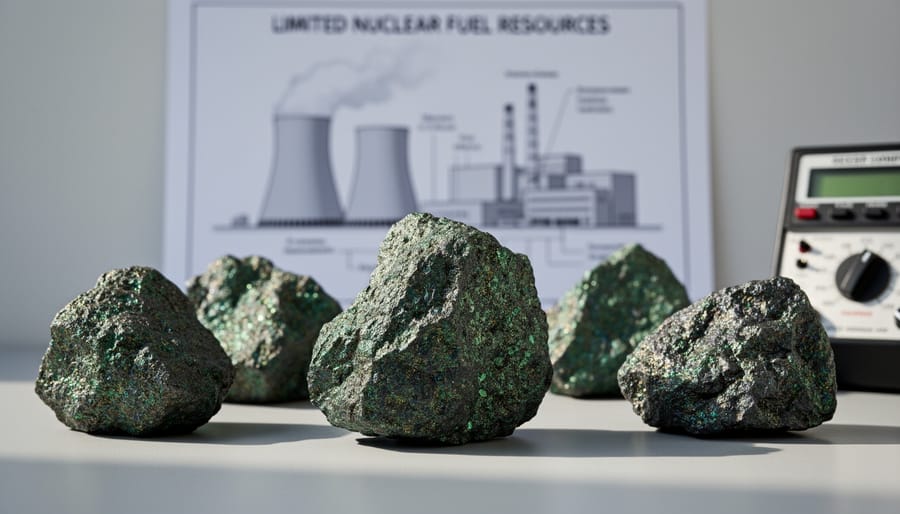 Close-up of uranium ore mineral samples in a laboratory tray with soft studio lighting