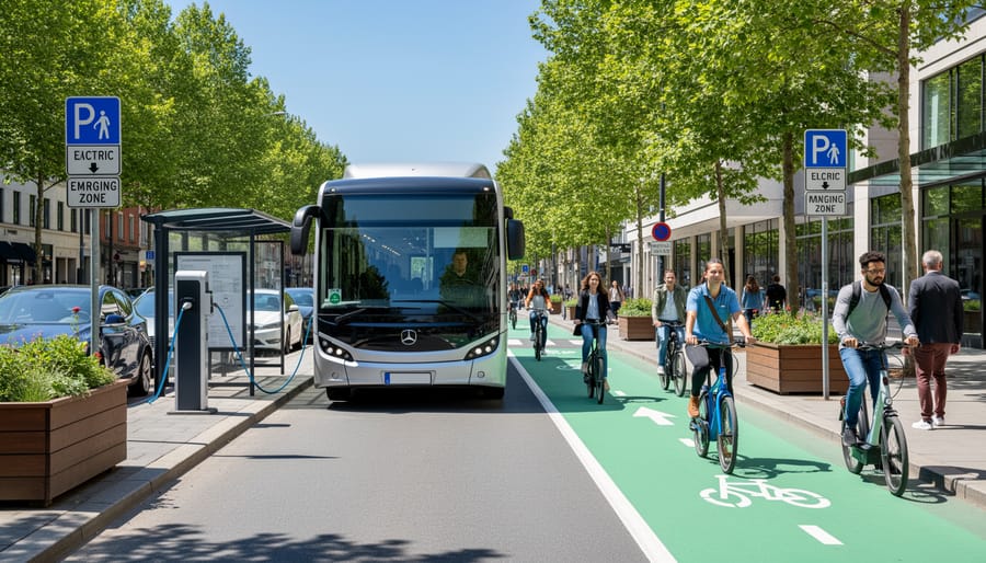 Electric city bus and cyclists in an urban street scene
