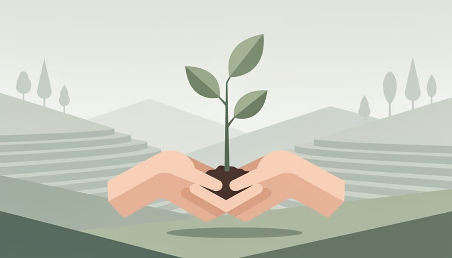 Gloved hands holding a small sapling growing in soil near a restored green area