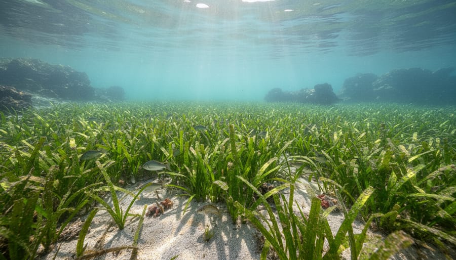 Hands planting seagrass in shallow coastal water near a shoreline