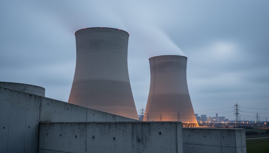 Cooling towers of a nuclear power plant releasing steam at dusk, captured in an editorial style to suggest nuclear energy’s place in the energy transition.