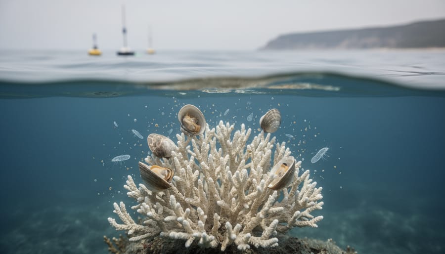 Coral skeleton and shellfish in the ocean foreground with cool blue seawater haze suggesting ocean acidification, plus softly blurred monitoring equipment in the distance.