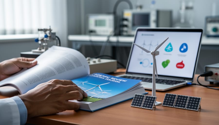 Hands turning pages of a renewable energy research journal next to a small wind turbine model and solar panel on a desk in a softly lit research setting.