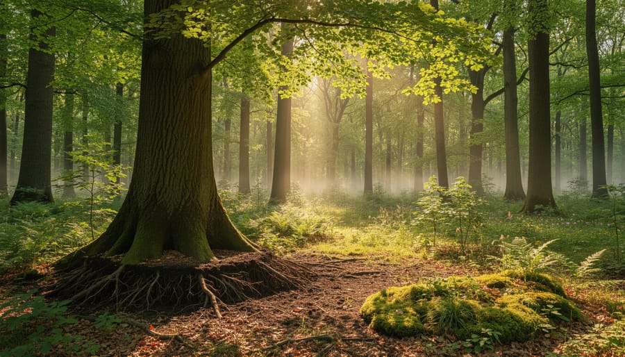 Sunlight filtering through a healthy forest canopy