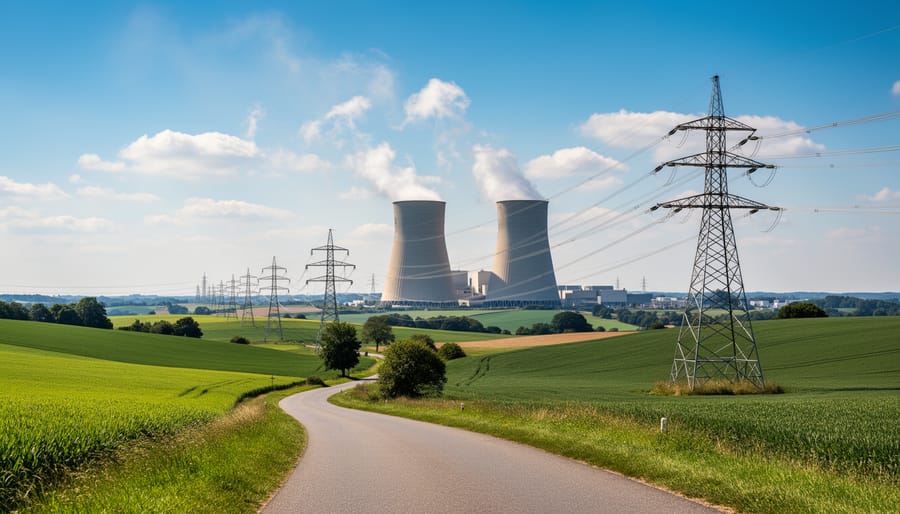 Wide view of cooling towers from a nuclear power plant at sunrise with hazy industrial background