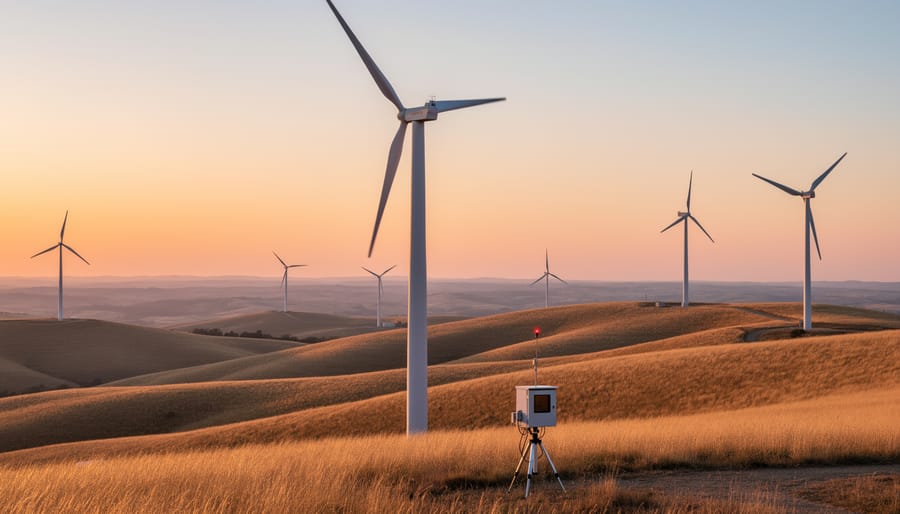 Wind turbines in a field during sunrise with golden light and distant turbines on the horizon.