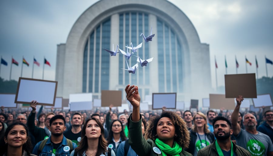 Diverse climate activists hold blank placards in front of an international-style building while paper cranes drift through a smoky, overcast sky, symbolizing global action and urgency.