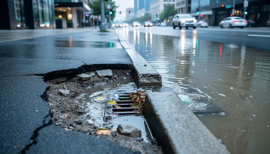 Floodwater overflowing along a cracked city curb during heavy rain under overcast skies.