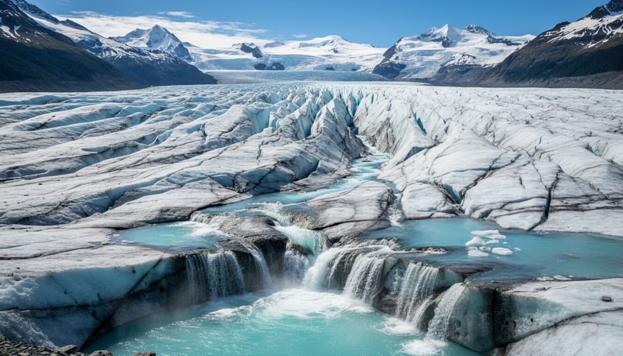 Close view of a glacier front with cracks and meltwater flowing from the ice.