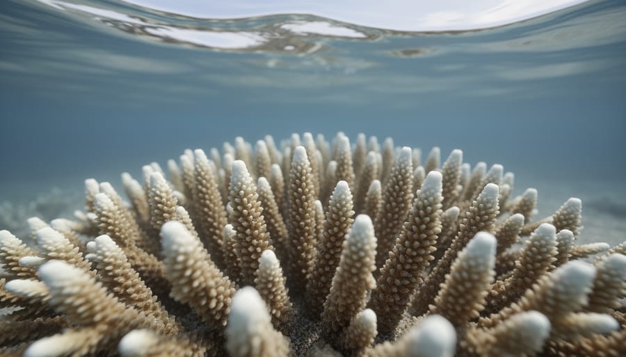 Close-up of a bleached coral reef under natural daylight, with pale coral patches on the ocean seafloor suggesting thermal stress.