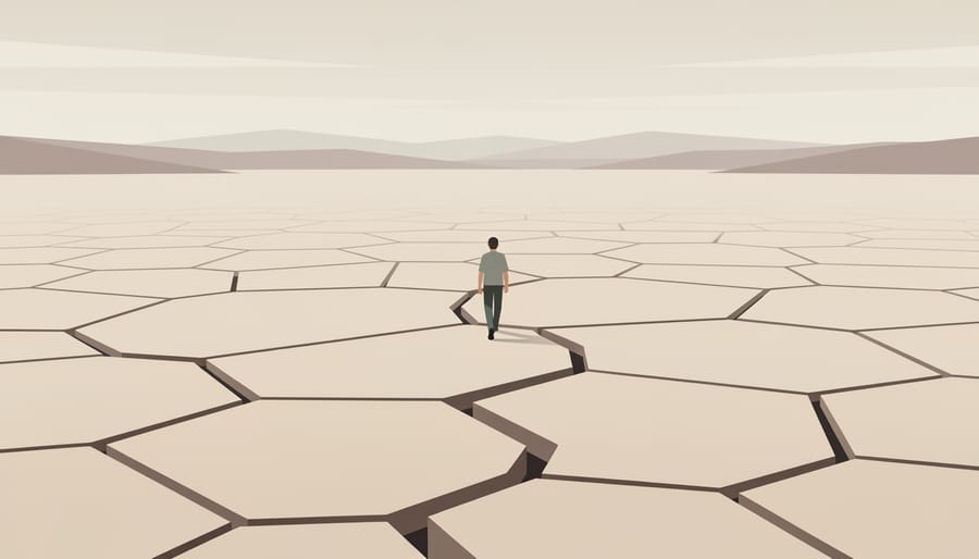 Person standing on cracked dry ground holding supplies, viewed from ground level toward a hazy horizon.