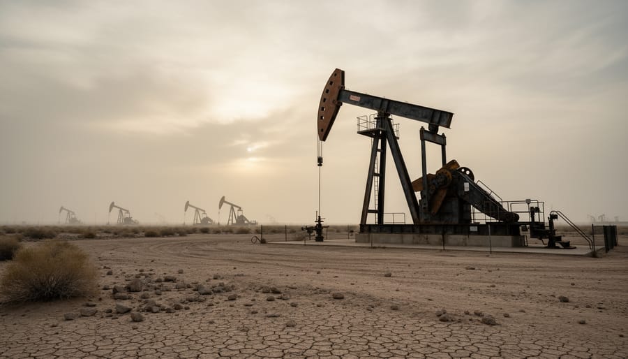 Silhouette of an oil pumpjack against a smoky gray sky with dry grass in the foreground.