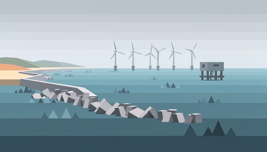 Solar panels on coastal rooftops near storm barriers with choppy ocean waves at dusk.