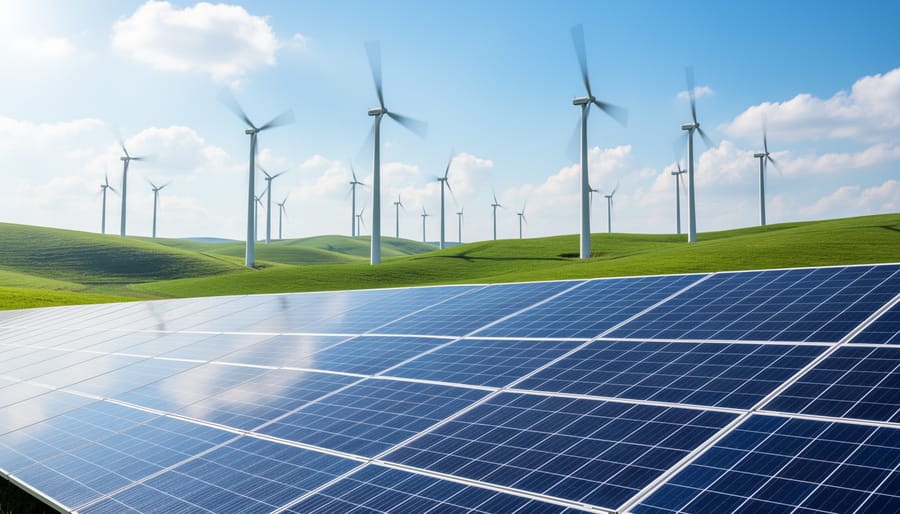 Solar panels and a wind turbine on a hill near modern buildings under soft daylight.