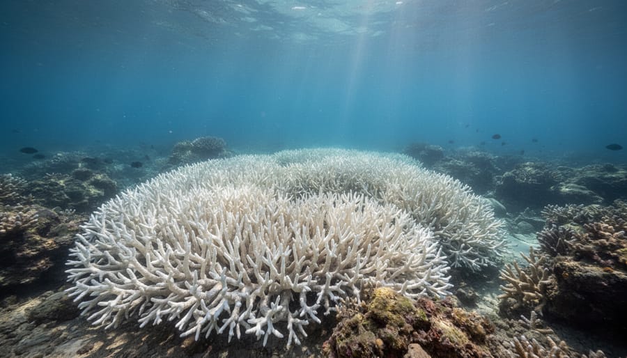 Underwater view of a diver near a bleached coral reef with pale coral structures.