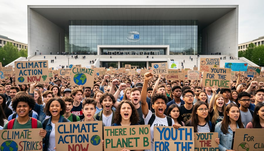 Youth climate protest crowd outside a modern building, with one protester in the foreground holding a sign obscured by their hands.