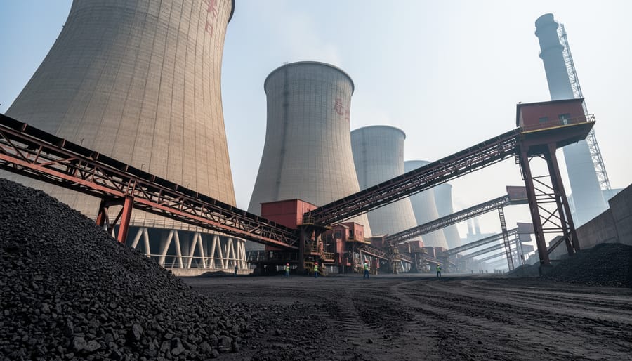 Coal power plant cooling towers with an industrial haze under an overcast sky
