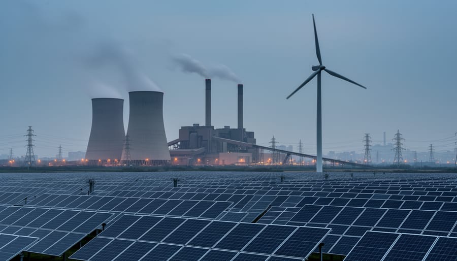 Solar panels and a wind turbine in the foreground with a coal power plant and cooling towers emitting faint steam in the background, representing renewable growth alongside coal hedging.