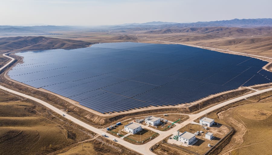 Worker inspecting a solar inverter near a large solar panel field