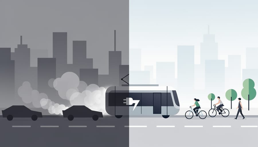 Electric bus and bicycles on a city street at dusk with streetlight reflections