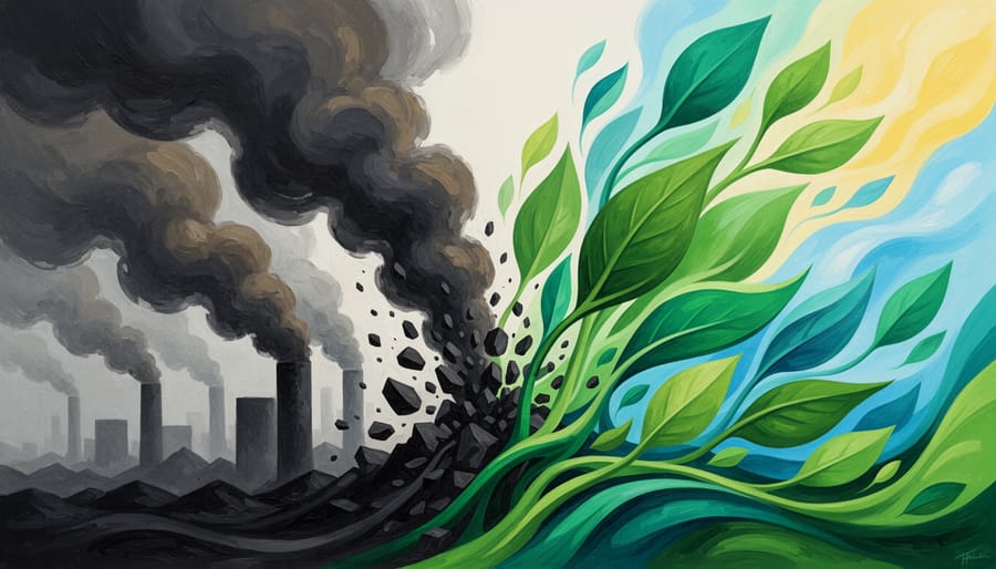 Conceptual image contrasting dark coal-like dust with bright green leaves and sunlight