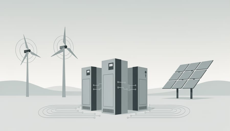 Battery storage units at a hybrid renewable energy park with solar panels and a wind turbine blurred in the background