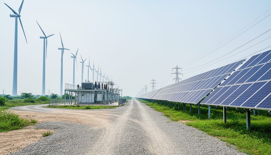 Wind turbines, solar panels, and electrical substation equipment within a large integrated renewable energy park in India under a bright sky.