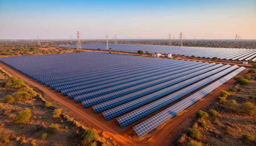 Wide view of photovoltaic panels in a large utility-scale solar energy park in India