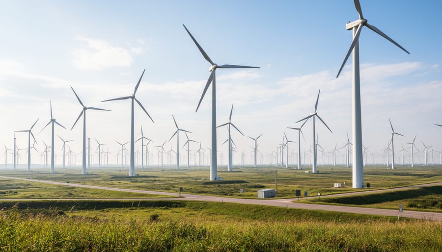 Wind turbines at an Indian renewable energy park with overcast sky